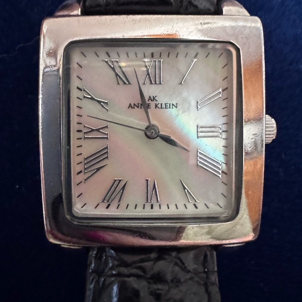 Anne Klein Silver Square Watch with Black Leather Strap